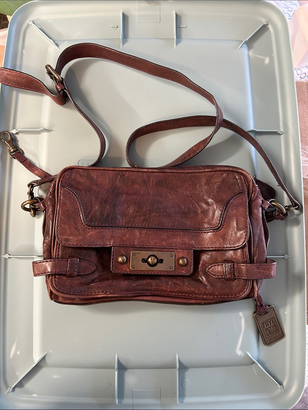 Frye Distressed Leather Crossbody Satchel Bag Oxblood Burgundy w/ Brass Hardware